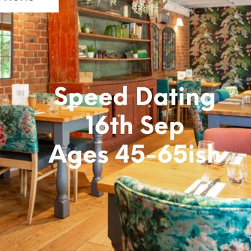 Cozy restaurant promoting speed dating for ages 50+ on June 4th.
