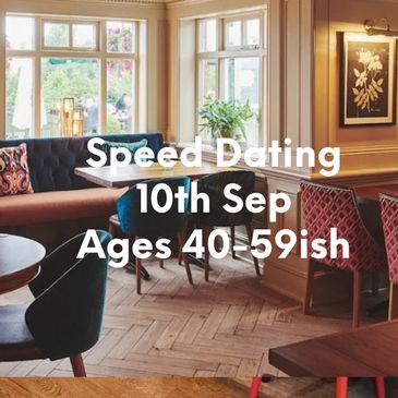 Cozy restaurant promoting speed dating for ages 50+ on June 4th.