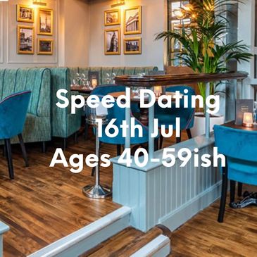 Cozy restaurant promoting speed dating for ages 50+ on June 4th.