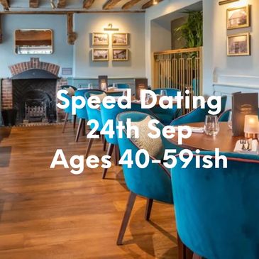 Cozy restaurant promoting speed dating for ages 50+ on June 4th.