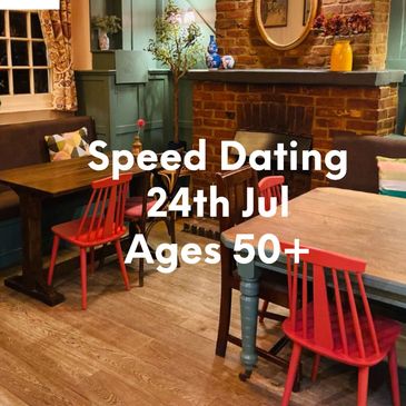 Cozy restaurant promoting speed dating for ages 50+ on June 4th.
