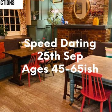 Cozy restaurant promoting speed dating for ages 50+ on June 4th.
