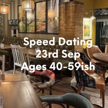 Cozy restaurant promoting speed dating for ages 50+ on June 4th.