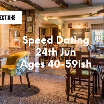 Cozy restaurant promoting speed dating for ages 50+ on June 4th.