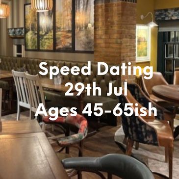Cozy restaurant promoting speed dating for ages 50+ on June 4th.