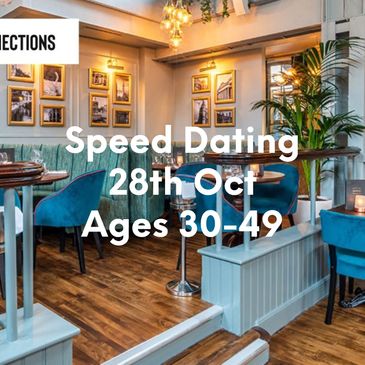 Cozy restaurant promoting speed dating for ages 50+ on June 4th.