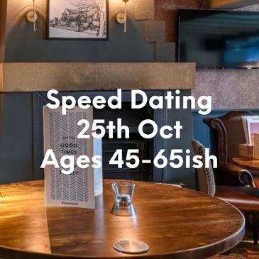 Cozy restaurant promoting speed dating for ages 50+ on June 4th.