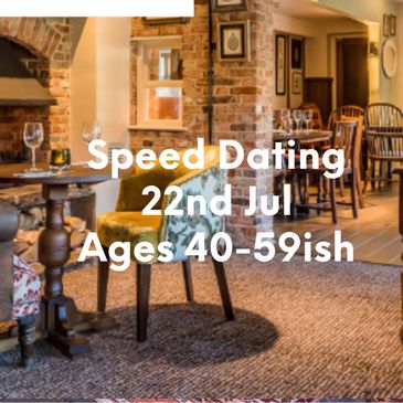 Cozy restaurant promoting speed dating for ages 50+ on June 4th.