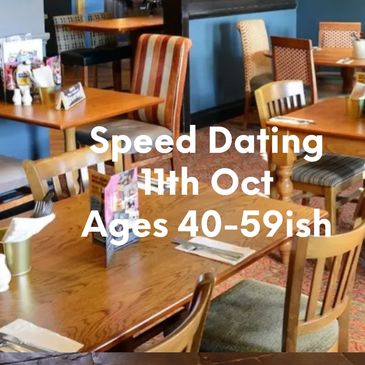 Cozy restaurant promoting speed dating for ages 50+ on June 4th.