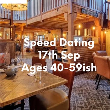 Cozy restaurant promoting speed dating for ages 50+ on June 4th.