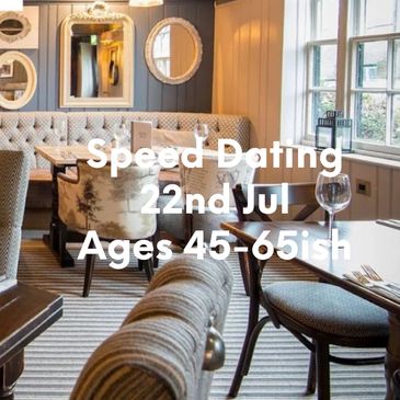 Cozy restaurant promoting speed dating for ages 50+ on June 4th.