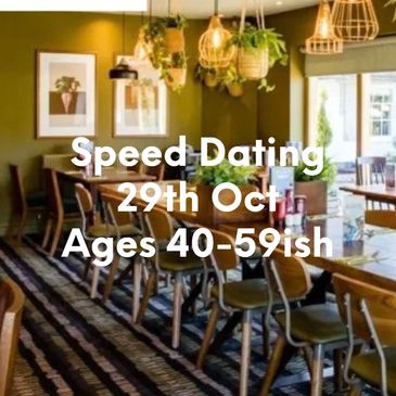Cozy restaurant promoting speed dating for ages 50+ on June 4th.