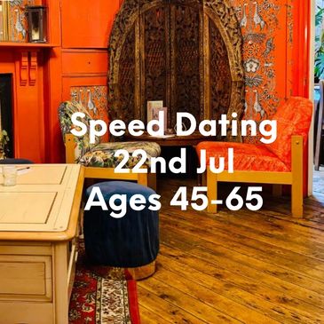 Cozy restaurant promoting speed dating for ages 50+ on June 4th.