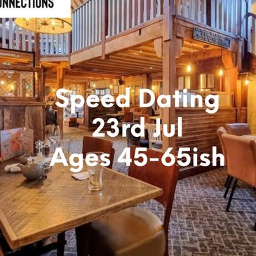 Cozy restaurant promoting speed dating for ages 50+ on June 4th.