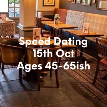 Cozy restaurant promoting speed dating for ages 50+ on June 4th.