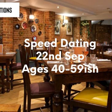 Cozy restaurant promoting speed dating for ages 50+ on June 4th.
