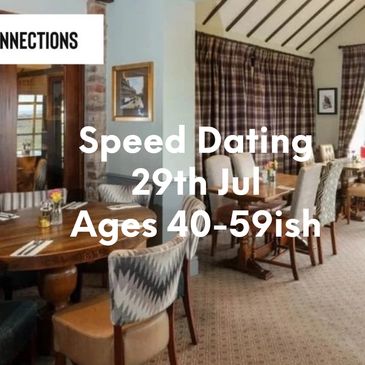 Cozy restaurant promoting speed dating for ages 50+ on June 4th.