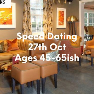Cozy restaurant promoting speed dating for ages 50+ on June 4th.