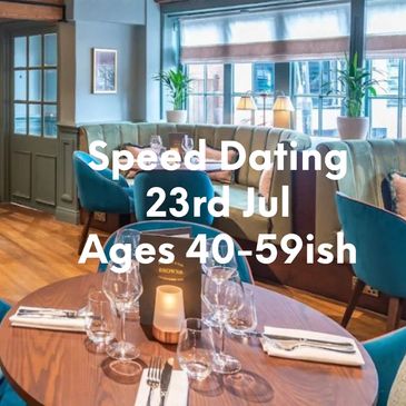 Cozy restaurant promoting speed dating for ages 50+ on June 4th.