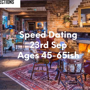Cozy restaurant promoting speed dating for ages 50+ on June 4th.