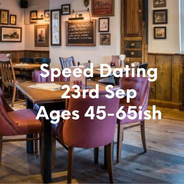 Cozy restaurant promoting speed dating for ages 50+ on June 4th.
