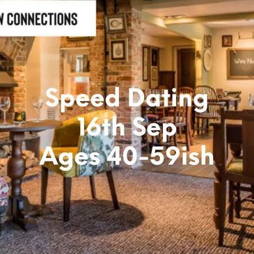 Cozy restaurant promoting speed dating for ages 50+ on June 4th.