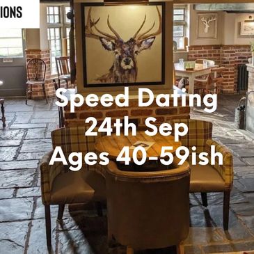 Cozy restaurant promoting speed dating for ages 50+ on June 4th.