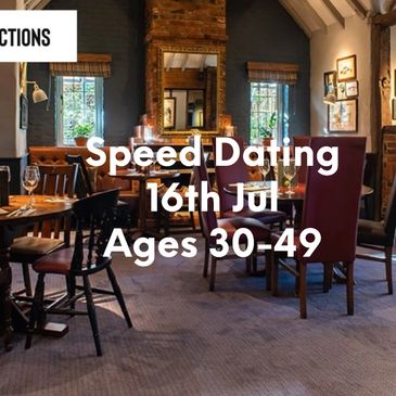 Cozy restaurant promoting speed dating for ages 50+ on June 4th.