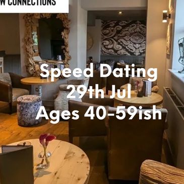 Cozy restaurant promoting speed dating for ages 50+ on June 4th.