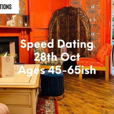 Cozy restaurant promoting speed dating for ages 50+ on June 4th.