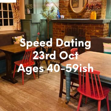 Cozy restaurant promoting speed dating for ages 50+ on June 4th.