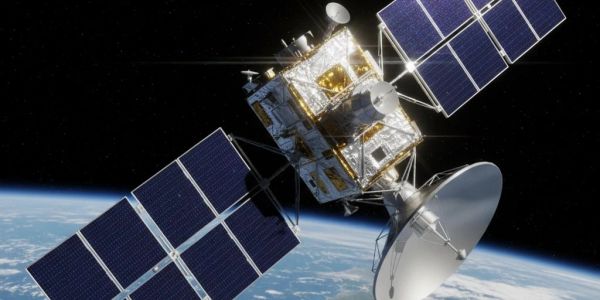 Satellite orbiting Earth with solar panels extended.