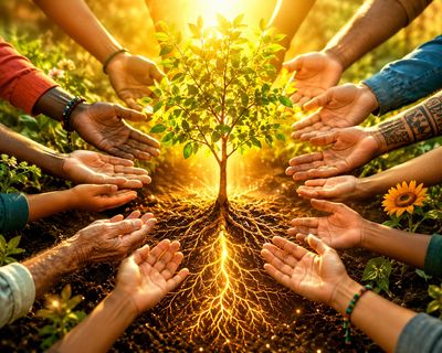 Hands surround a small tree with glowing roots.