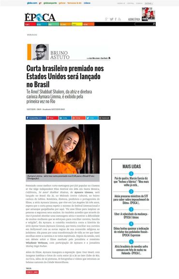 Época Bruno Astuto OGlobo actress Aymara Limma film awarded USA Brazil "Te amo! Shabbat Shalom"
