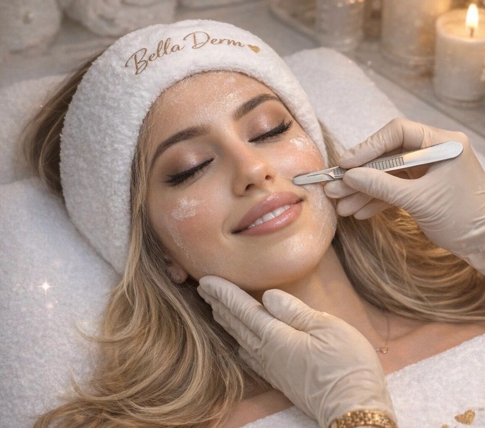 Woman receiving a facial treatment with a scalpel at a spa.