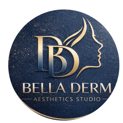Elegant Bella Derm Aesthetics Studio logo with gold text and a woman's profile on a textured blue background.