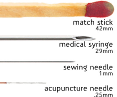 tiny acupuncture needle compared to a larger sewing needle, larger syringe, & larger matchstick