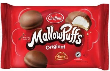 Griffin's MallowPuffs Original chocolate-covered marshmallow biscuits in red packaging.