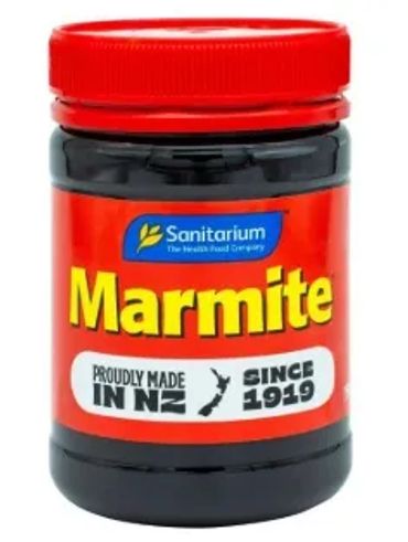 Jar of Sanitarium Marmite with red lid and bold yellow text.
