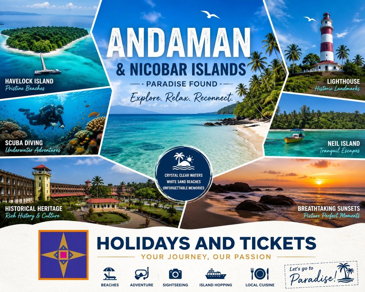 Scenic Andaman & Nicobar Islands with beaches, diving, and sunsets.