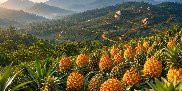 Lush pineapple plantation with scenic mountainous background at sunset.