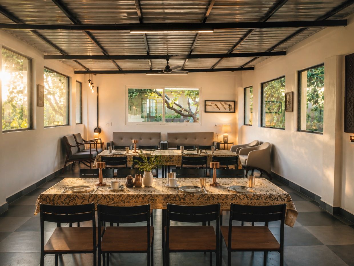 Cozy dining room with warm lighting and neatly set tables.