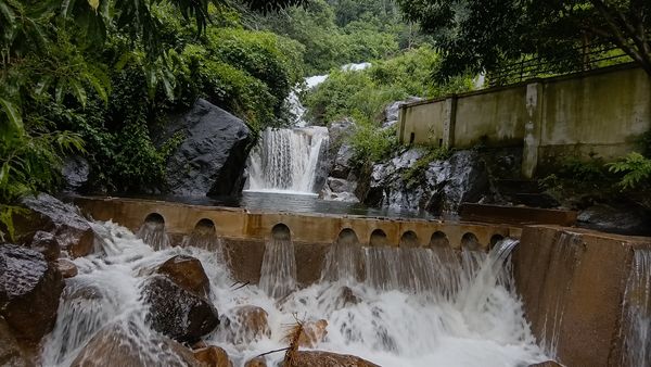 Water cascading over a multi-level dam in a lush green forest.