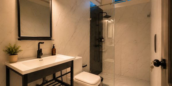 Modern bathroom with marble walls, black fixtures, and a glass shower enclosure.
