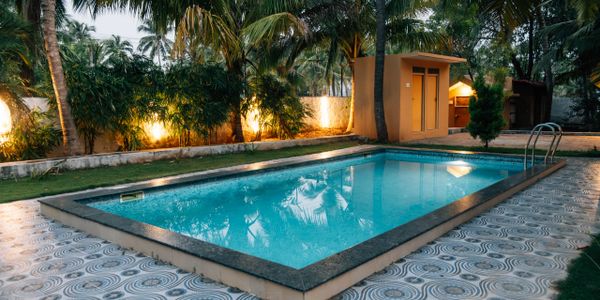 A serene rectangular swimming pool with surrounding palm trees and ambient lighting at dusk.