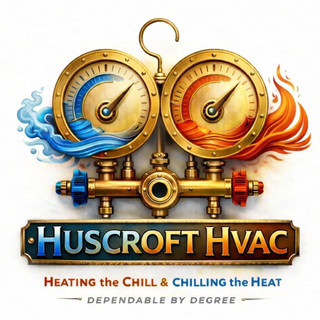 Huscroft HVAC logo with blue cold and red hot temperature gauges.