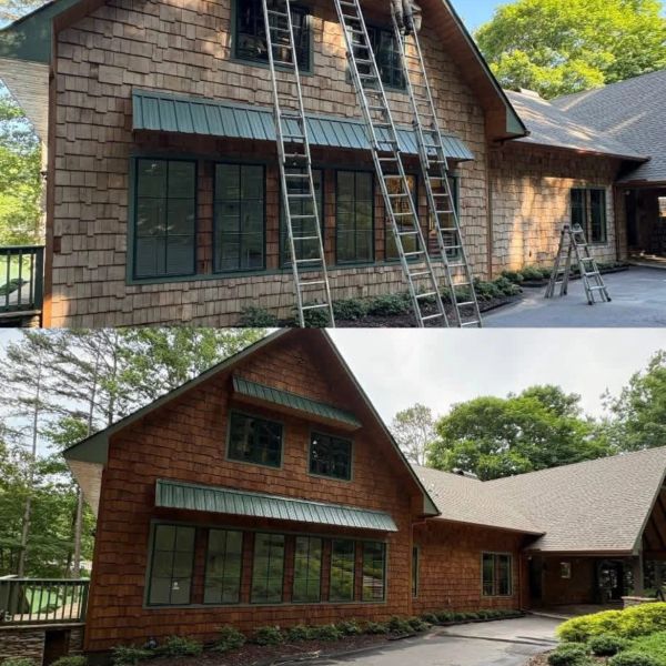Two images showing house siding replacement progress.