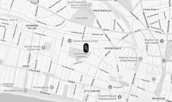 Map showing central Brighton with landmarks and roads labeled.