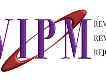 Logo with large purple letters WIPM and red orbit design.
