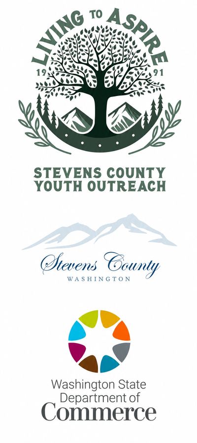 Logos for Stevens County Youth Outreach, Stevens County Washington, and Washington State Department of Commerce.